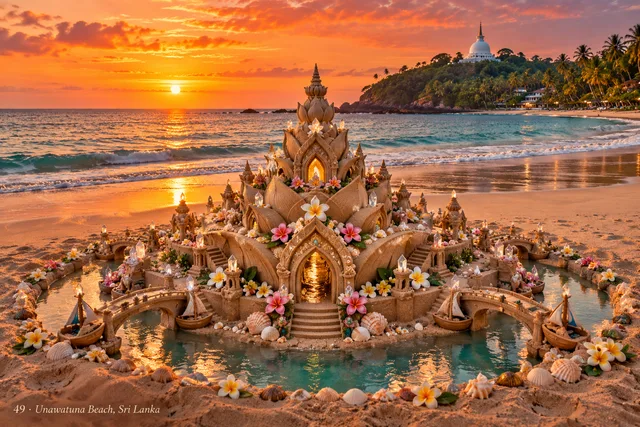 A lotus-shaped sand palace decorated with flowers and pools on Unawatuna Beach at sunset.