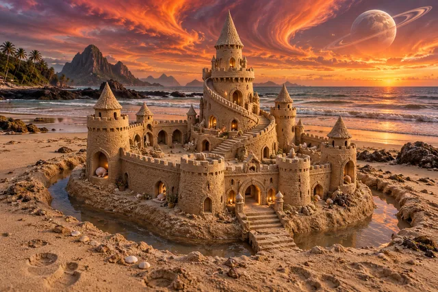 Sandcastle with a spiral stairway and moat beneath a ringed planet at sunset.