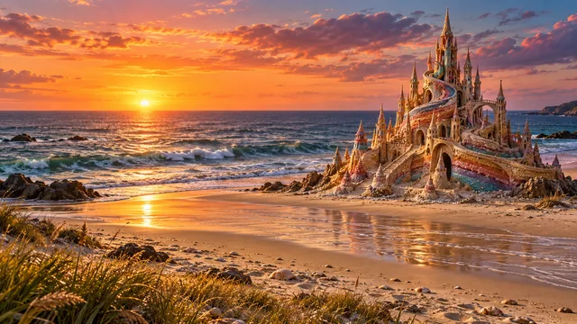 A tall rainbow-striped sandcastle beside breaking waves and an orange sunset.