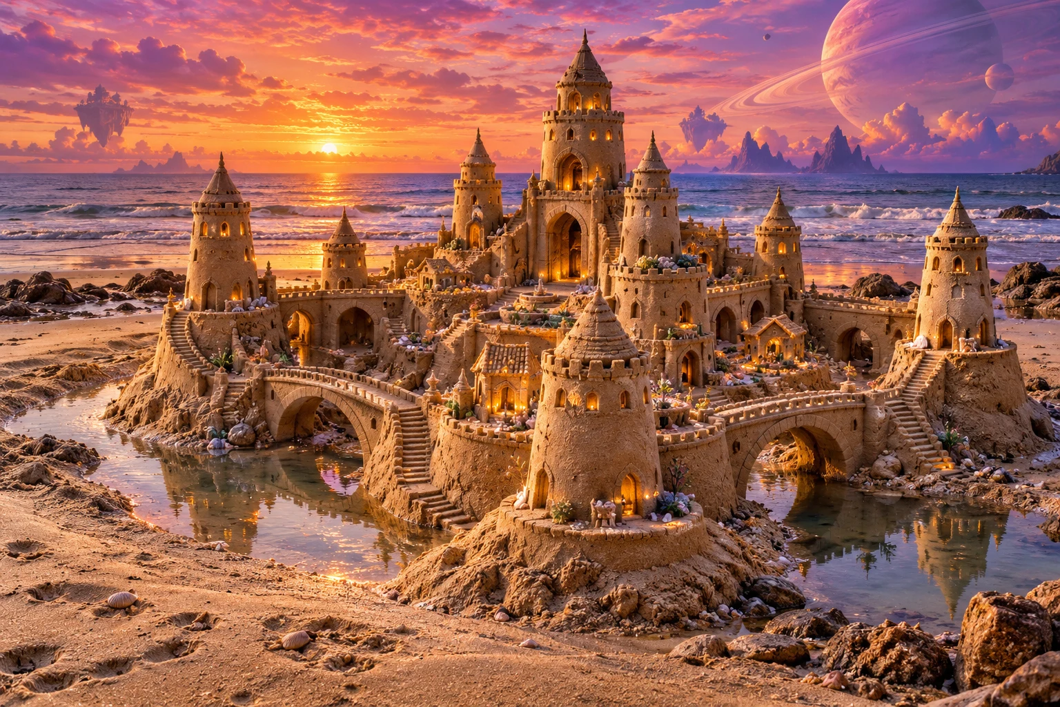 Golden sandcastle with bridges and glowing windows beneath a ringed planet at sunset.
