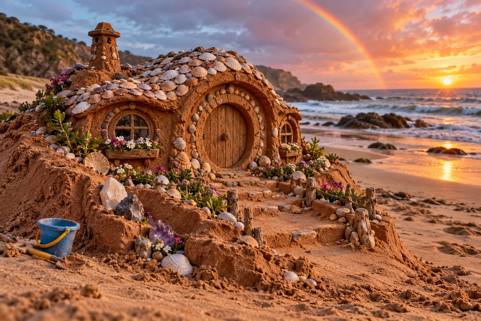 A rust-red sand hobbit home with a round wooden door and shell-covered roof.