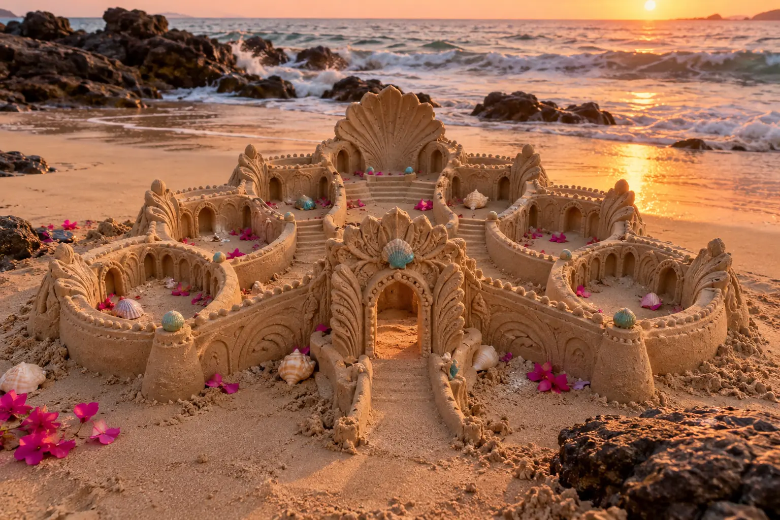 Seven-Courtyard Sand Palace at Sunset.