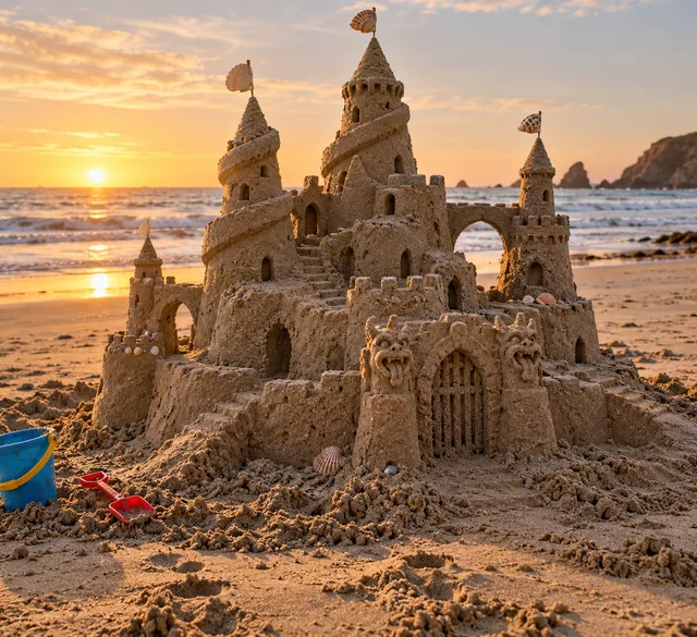 A golden sandcastle with carved gargoyle faces integrated into its entrance.