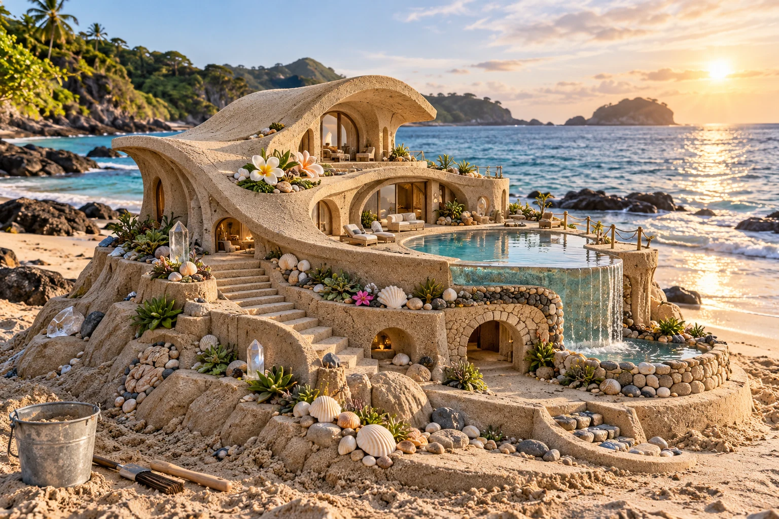A flowing black-and-white sand villa with terraces, circular openings, and a turquoise pool.