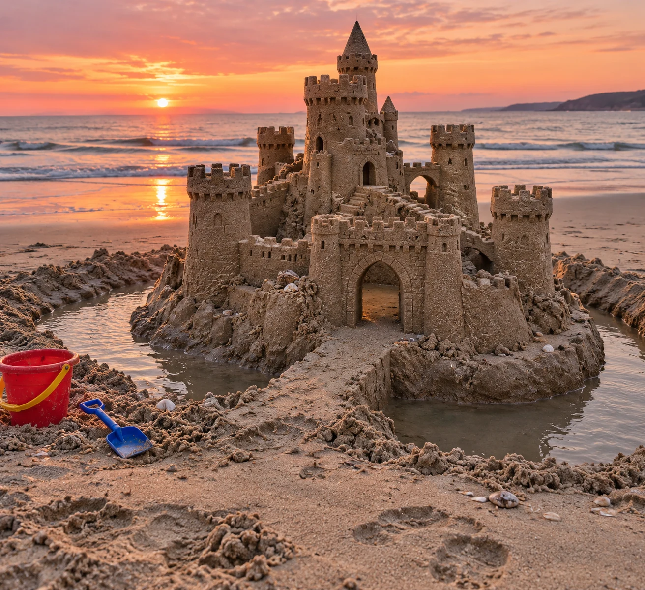 A medieval-style sandcastle with towers and fortified walls at sunset.