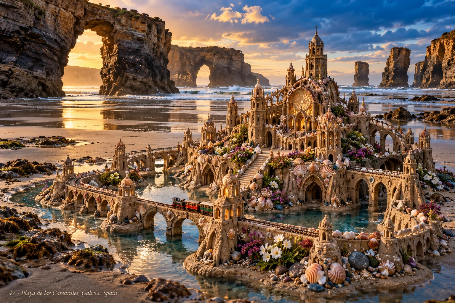 A sandcastle with bridges and pools on a Galician beach beneath natural stone arches.