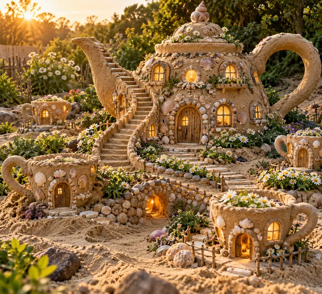 A teapot-shaped sand mansion and teacup cottages decorated with shells and daisies.