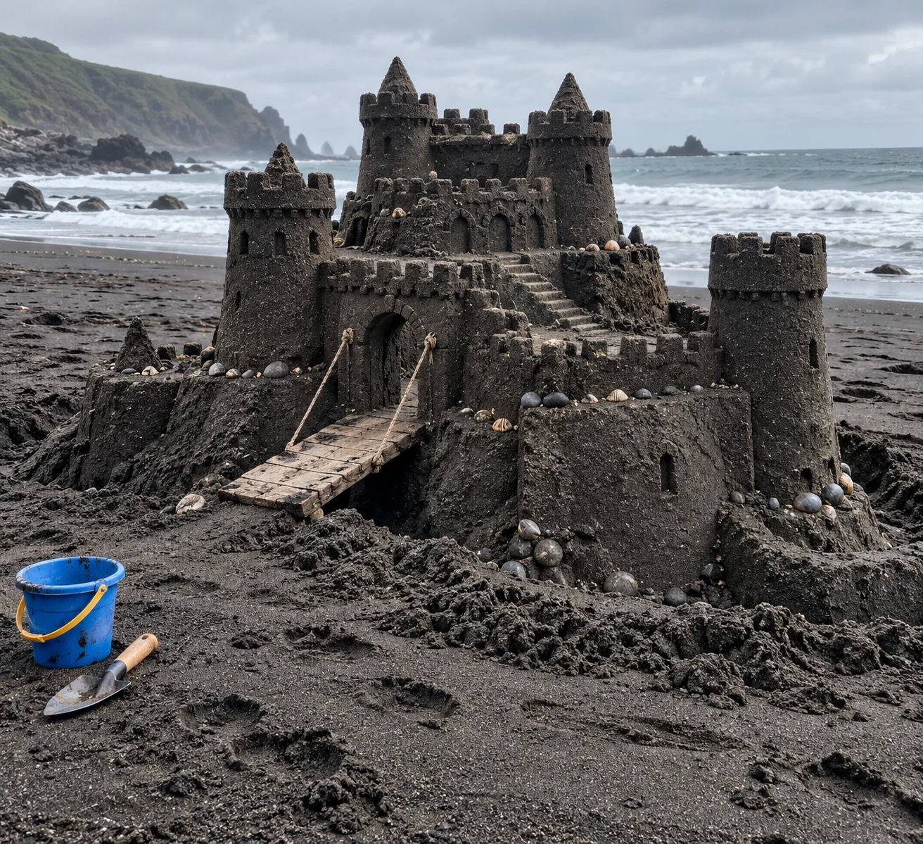 A dark volcanic-sand fortress with a drawbridge on a black-sand beach.