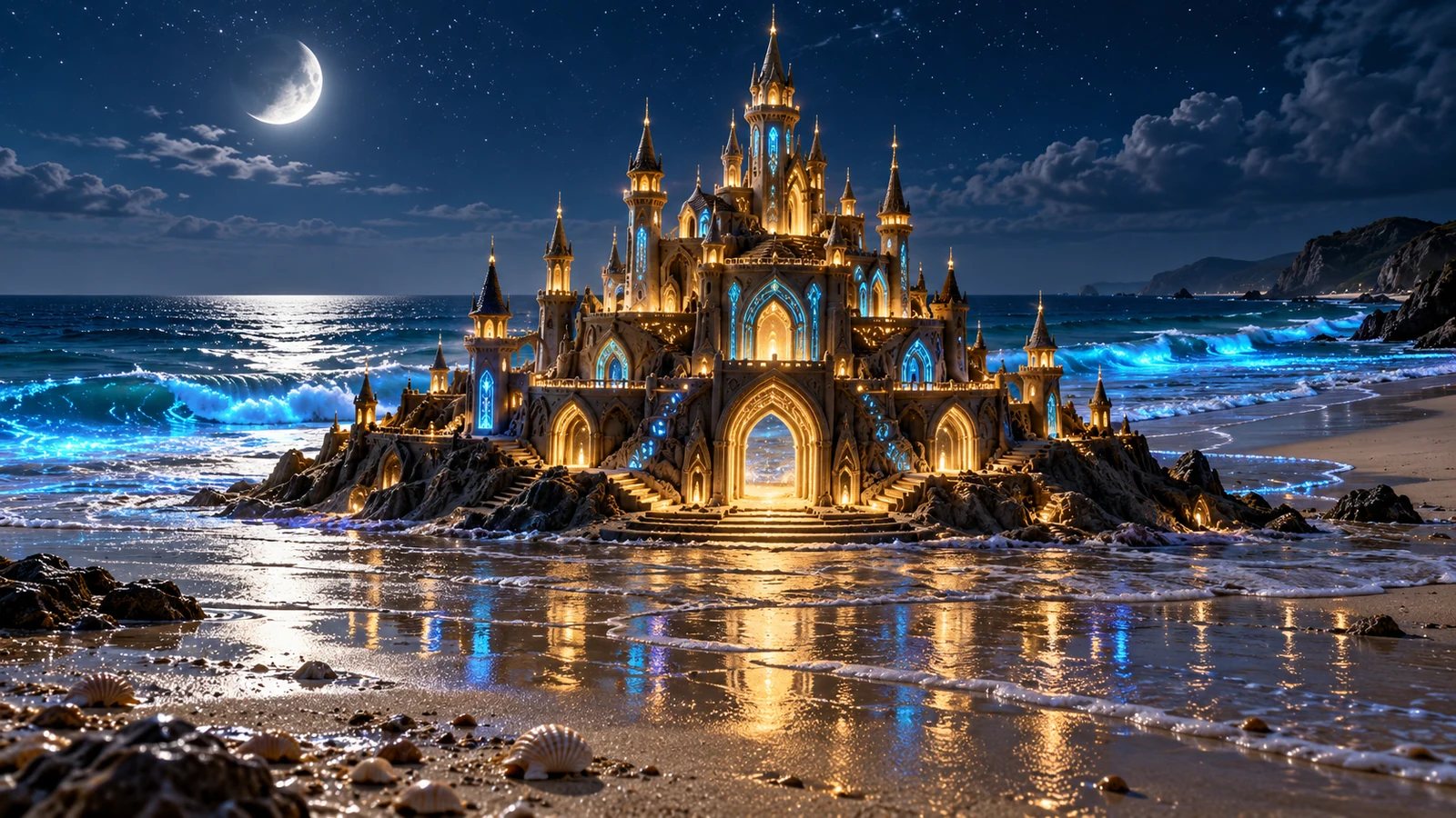 A glowing sandcastle reflects in wet sand beside electric-blue surf under a crescent moon.