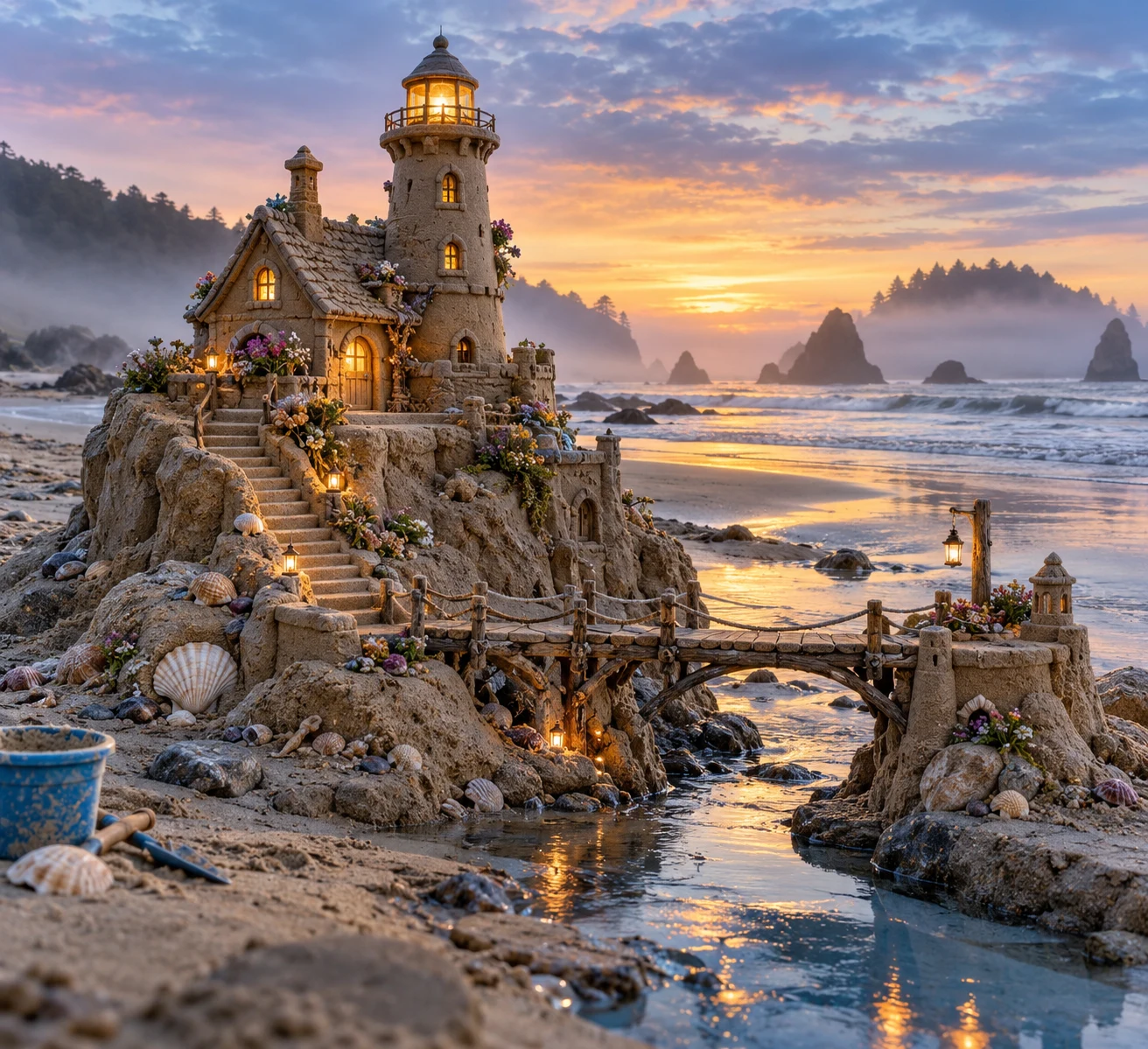 A lighthouse sand cottage rises above tidal pools on a misty coastal beach.