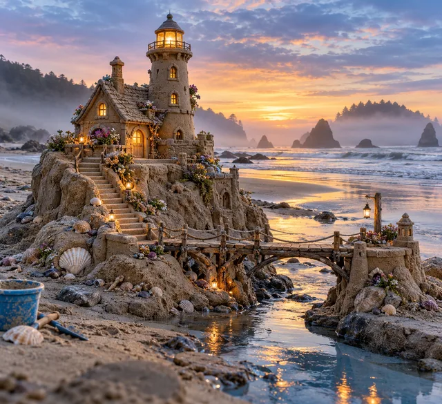 A lighthouse sand cottage rises above tidal pools on a misty coastal beach.