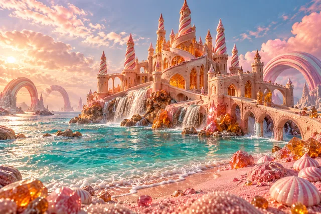 A pink candy-inspired sandcastle with rainbow arches beside a sparkling turquoise sea.