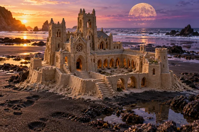Gothic sandcastle abbey with a cloister courtyard on a black-sand shore.