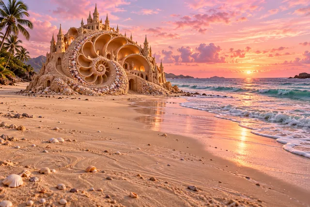 A spiral nautilus-shell sandcastle sits on a pink dawn beach with palm trees.