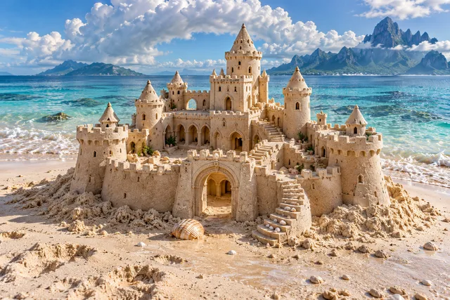 Cream-colored sandcastle with tall turrets beside a bright turquoise sea.