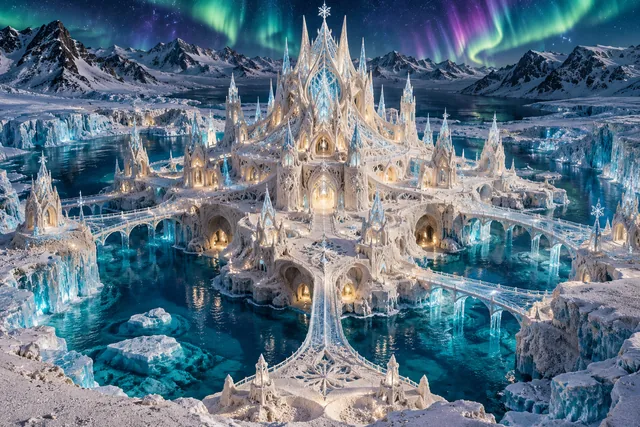 An ice-white sandcastle with turquoise pools stands in a snowy mountain basin under an aurora.