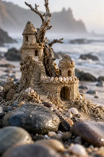 Tiny driftwood sandcastle by misty surf.