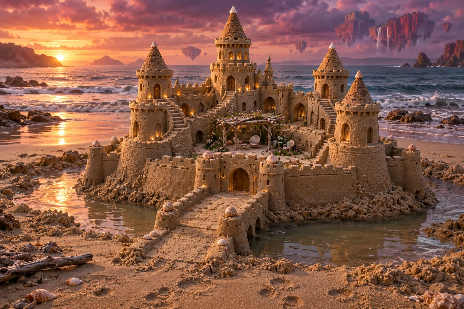 Golden sandcastle with a furnished courtyard, moat, and bridge at sunset.
