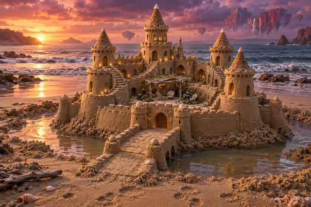 Golden sandcastle with a furnished courtyard, moat, and bridge at sunset.