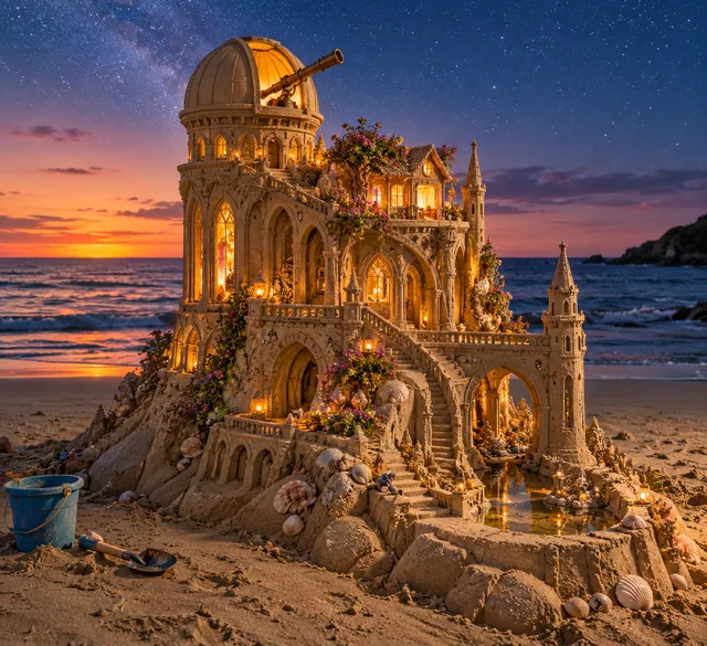 An illuminated sand cathedral with an observatory roof beside the sea after sunset.