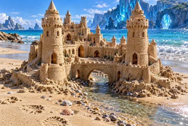 Sandcastle bridge over a shallow stream beside glowing blue coastal cliffs.