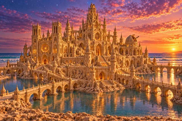 Twilight Sand Castle with Tiny Glowing Home. A detailed sandcastle scene beside the sea.
