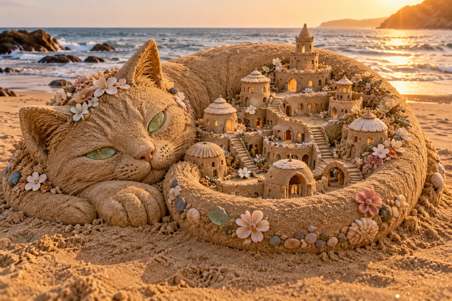A shell-roofed sandcastle village enclosed by an integrated curled-cat sand sculpture.