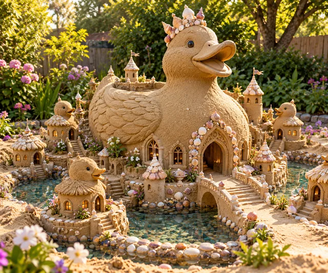 A duck-shaped sand cathedral and smaller duck-roofed cottages surrounded by a marble-lined moat.