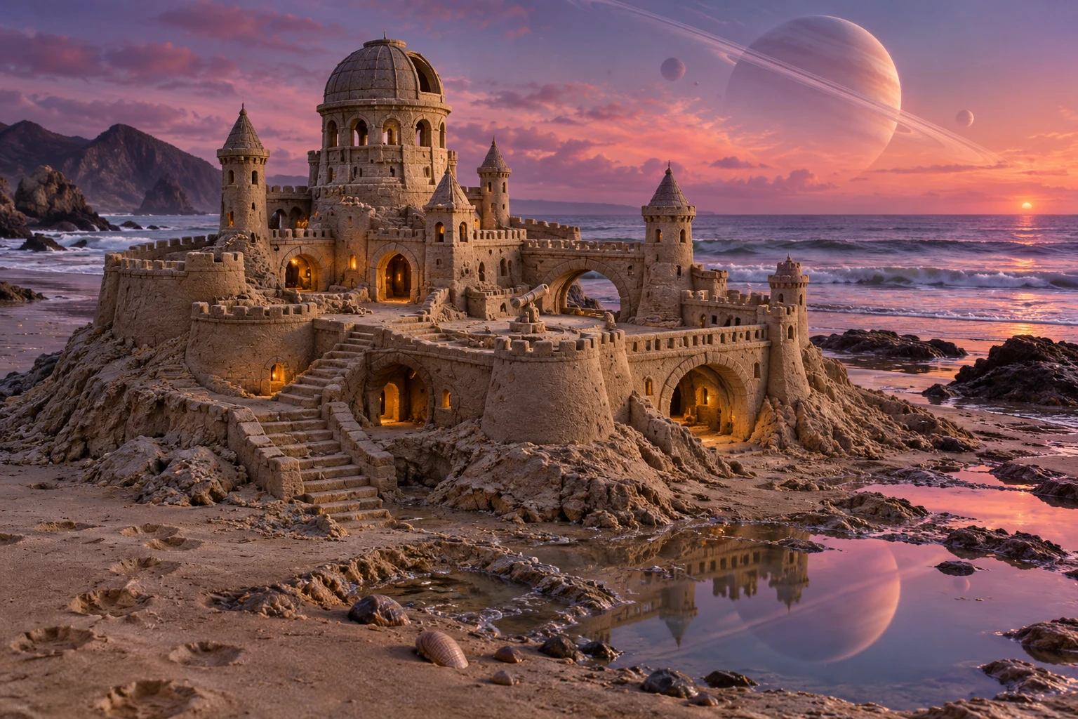 Sandcastle observatory with a domed tower and terrace telescope beneath a ringed planet.