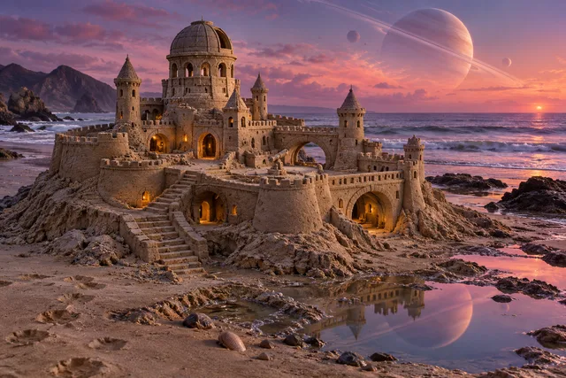 Sandcastle observatory with a domed tower and terrace telescope beneath a ringed planet.