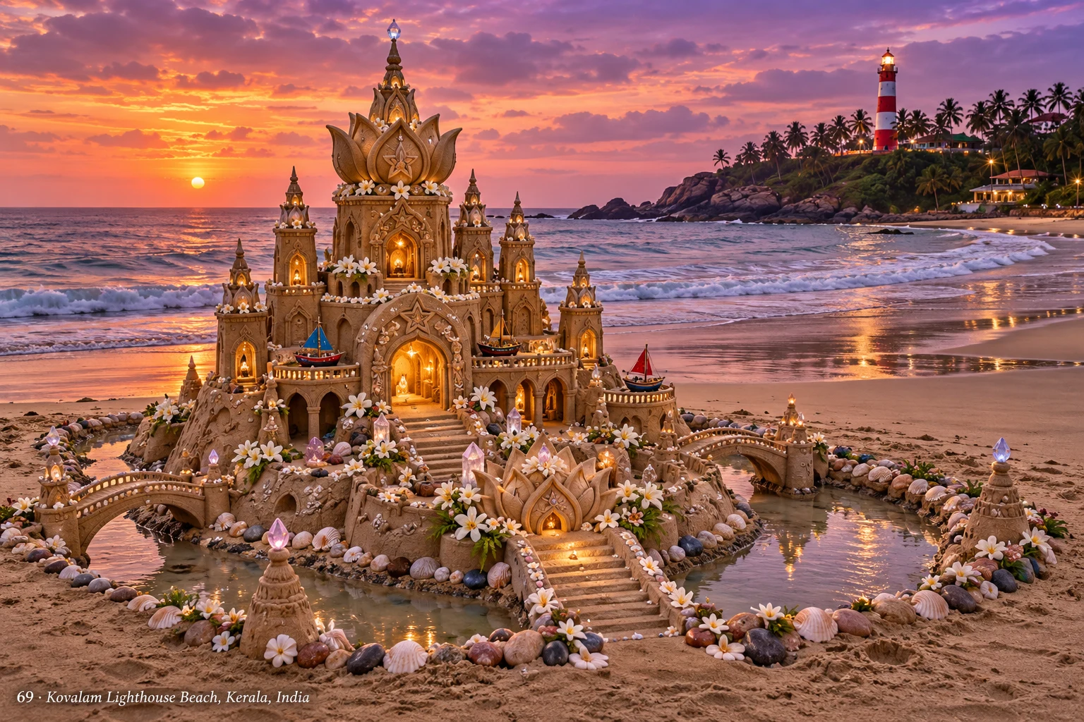 A lotus-inspired sandcastle with coastal scenery and the Kovalam lighthouse in the background.