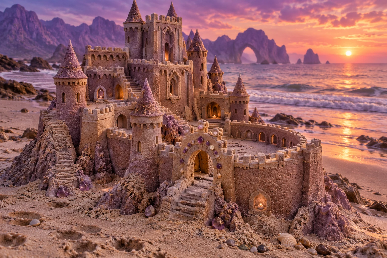 Amethyst-colored sandcastle with crystals and a walled courtyard at violet sunset.