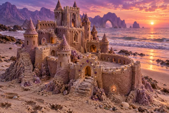 Amethyst-colored sandcastle with crystals and a walled courtyard at violet sunset.