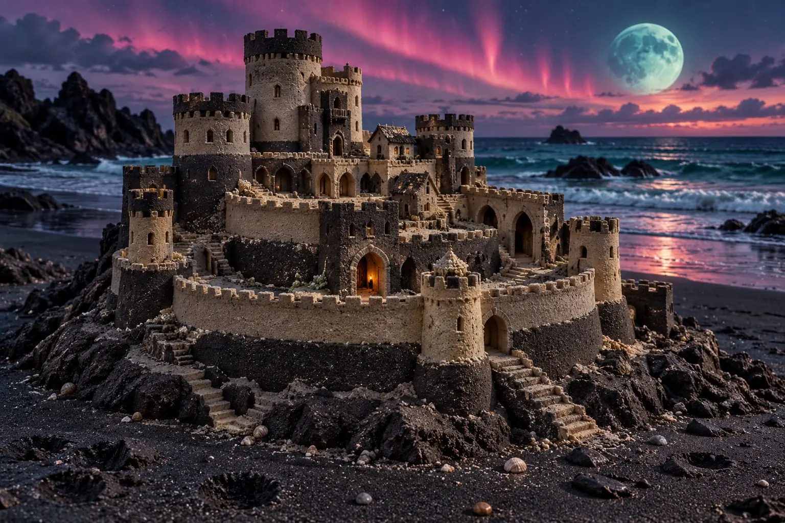 Dark Sandcastle Beneath an Aurora Moon.
