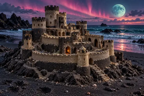 Dark Sandcastle Beneath an Aurora Moon.