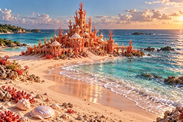 A coral-red sandcastle crowned with pearls stands beside a bright turquoise sea.