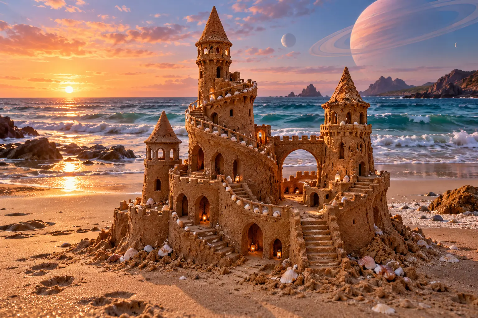 Rust Sandcastle Under a Peach Ringed Planet.