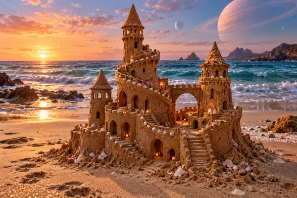 Rust Sandcastle Under a Peach Ringed Planet.