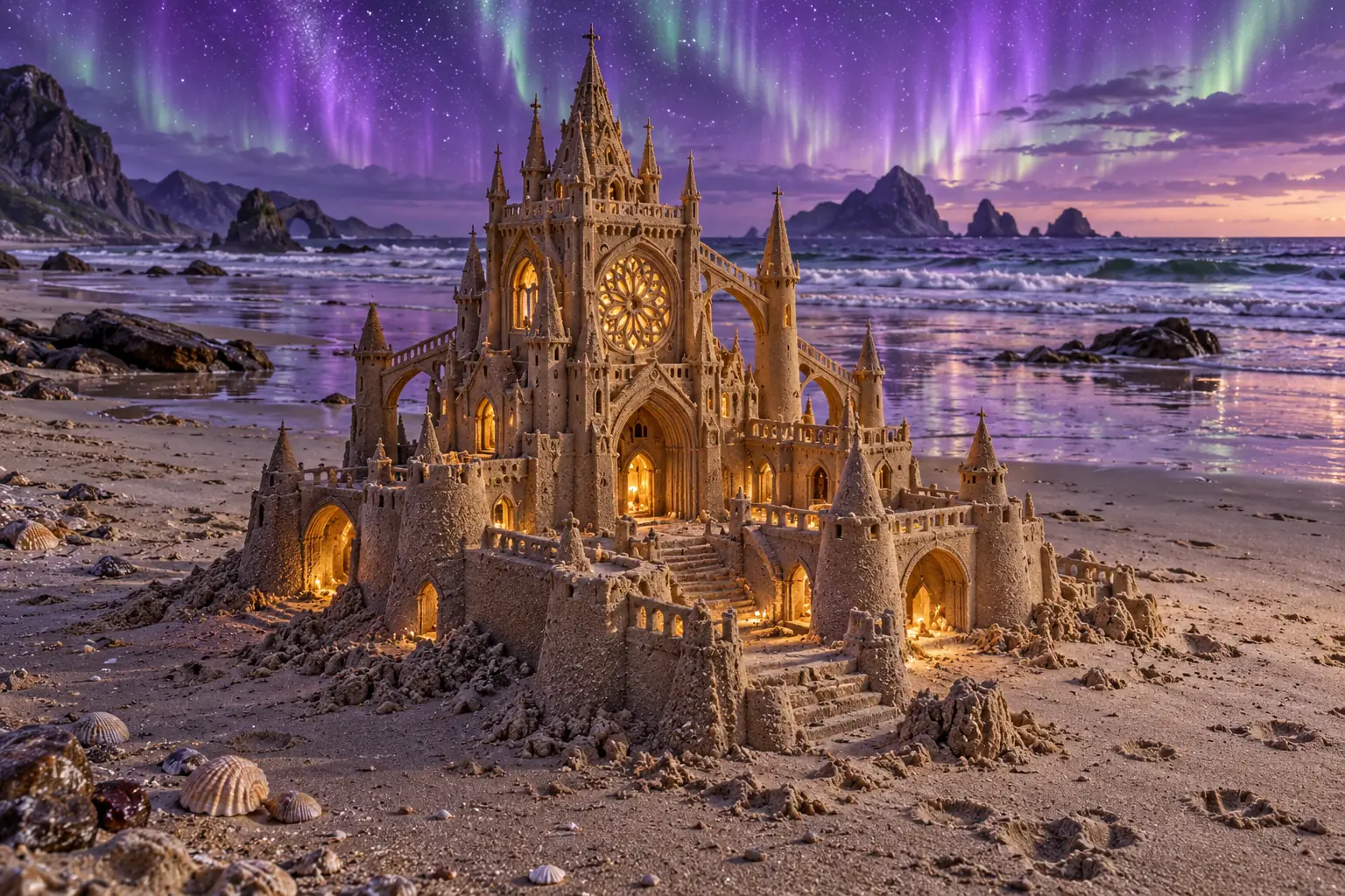Gothic sandcastle beneath northern lights.