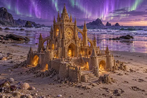 Gothic sandcastle beneath northern lights.