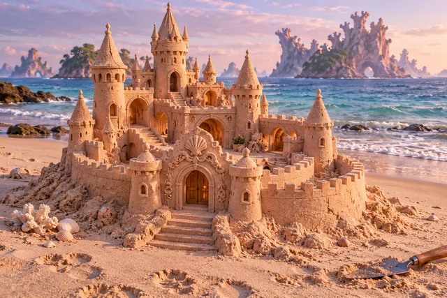 Coral-colored sandcastle with a shell-decorated gate beside the sea at dawn.