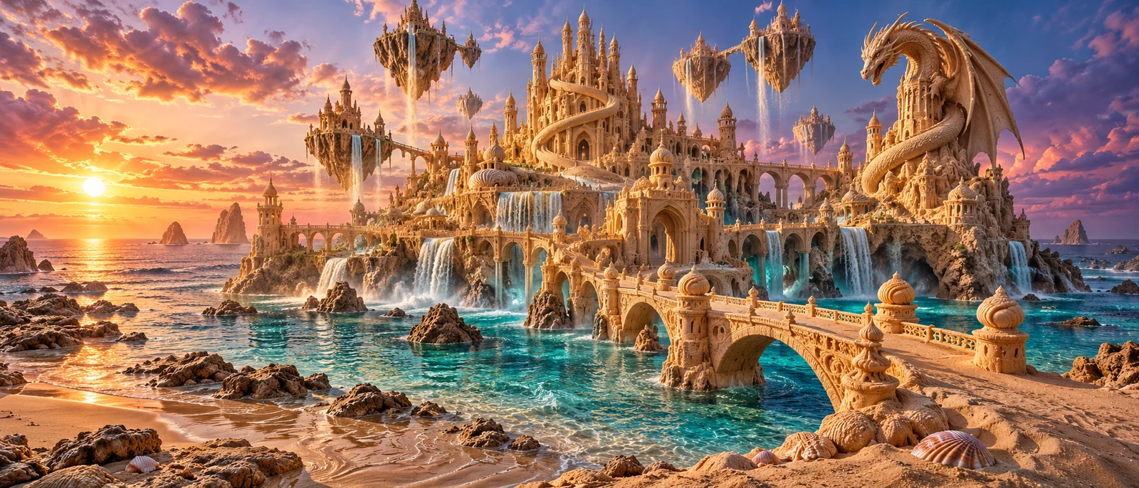 A golden sandcastle kingdom with floating islands, waterfalls, arched bridges, and a sculpted dragon at sunset.