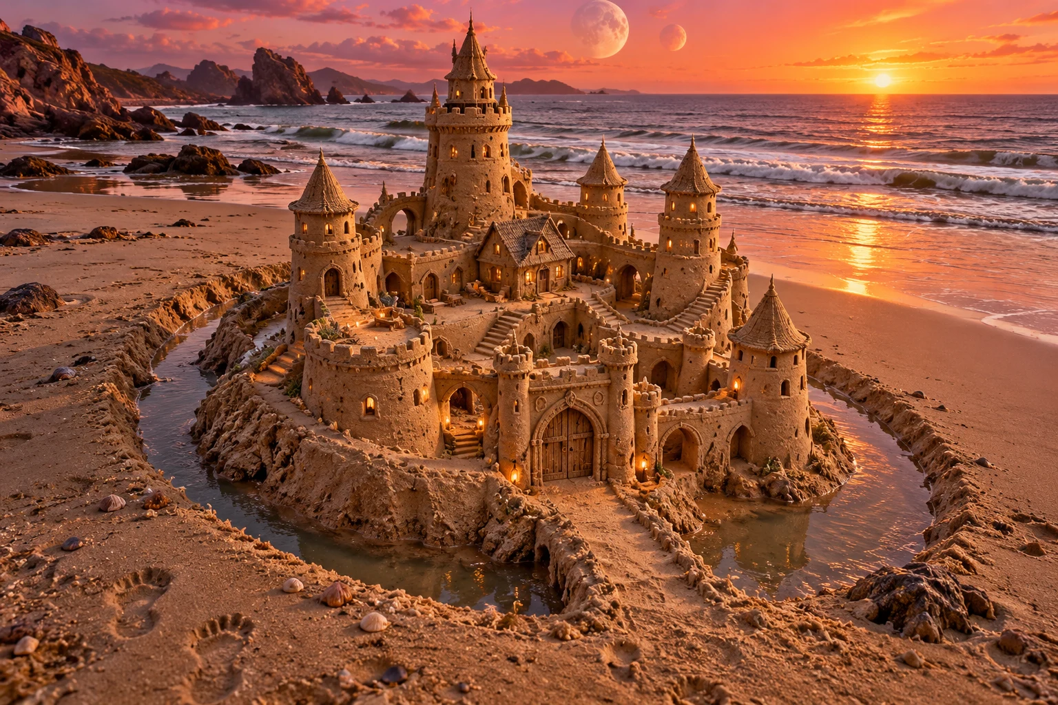 Multi-towered sandcastle encircled by a moat beneath two moons and an orange sunset.