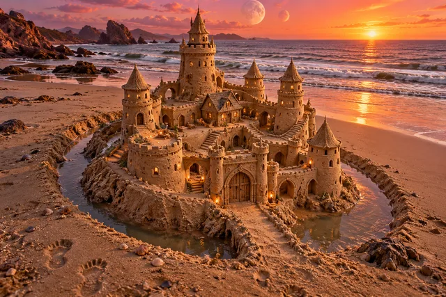 Multi-towered sandcastle encircled by a moat beneath two moons and an orange sunset.