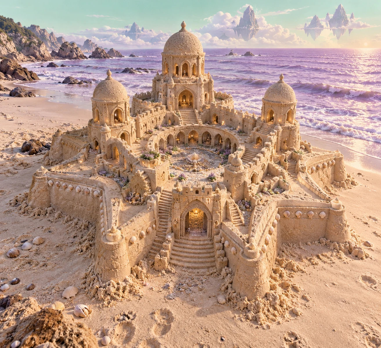 Pale sandcastle with domed towers and a circular courtyard beside a lavender sea.