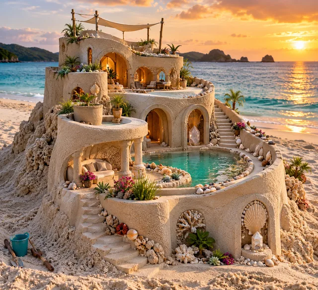 A rounded coral-sand home with terraces and a turquoise lagoon pool at sunrise.