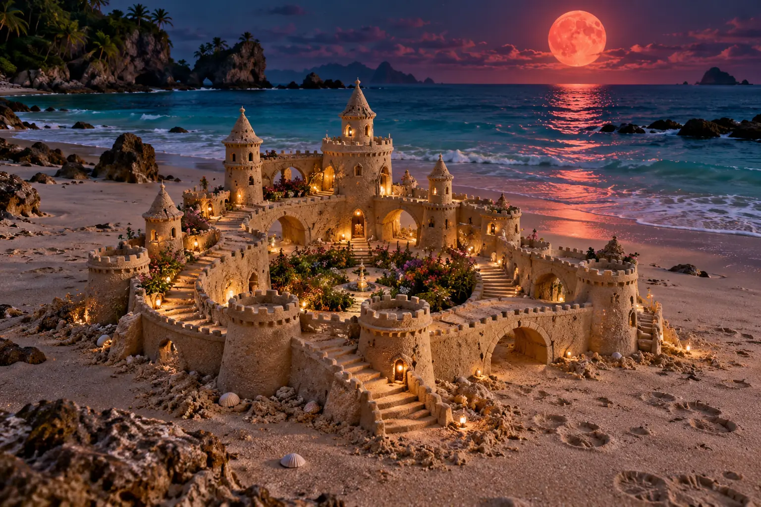 Handmade Sandcastle Under a Ruby Moon.