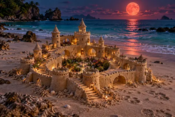 Handmade Sandcastle Under a Ruby Moon.