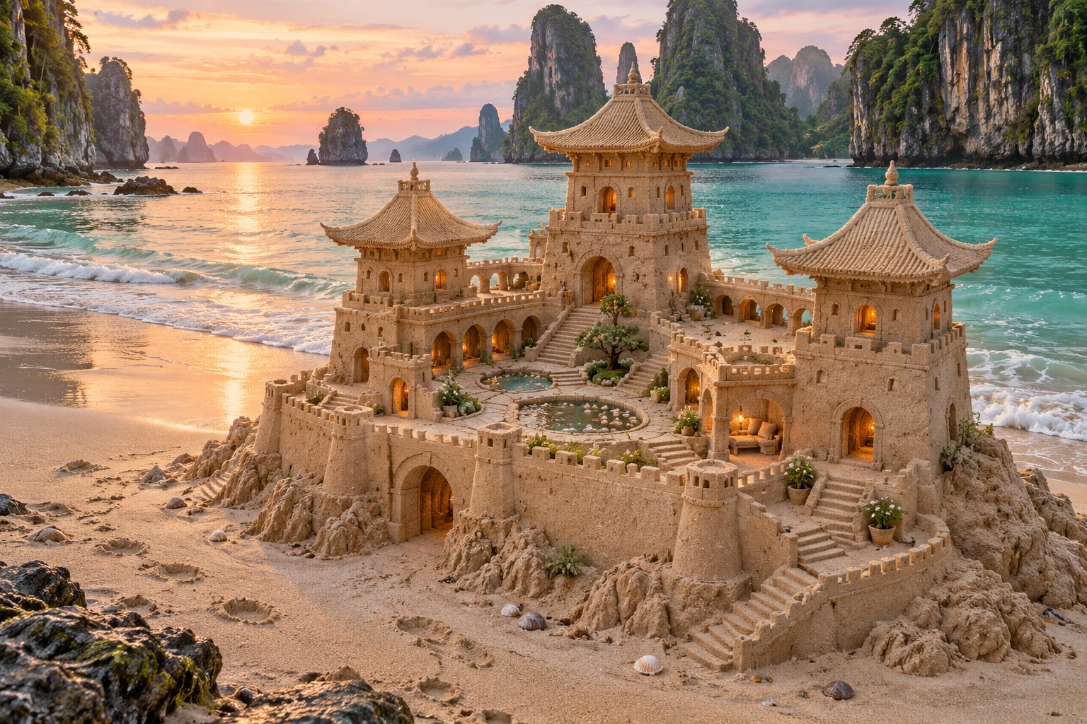 Pagoda-roofed sandcastle with courtyard pools beside turquoise water and steep cliffs.