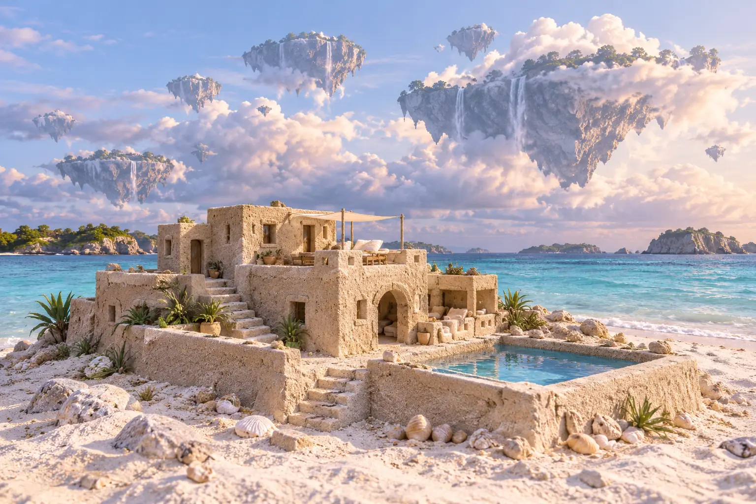 Sand villa beneath floating cloud islands.